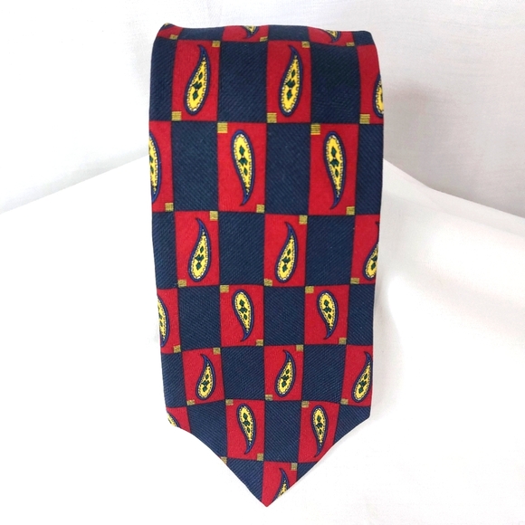 Vtg Parisian Signature Mens Silk Tie‎ Red Navy Check Paisley Necktie 58"x4" - Picture 1 of 4